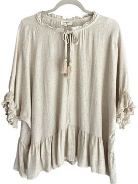 Umgee Linen / Rayon Light Cream Ruffle Tie-Neck Boho Blouse Top Tunic size L